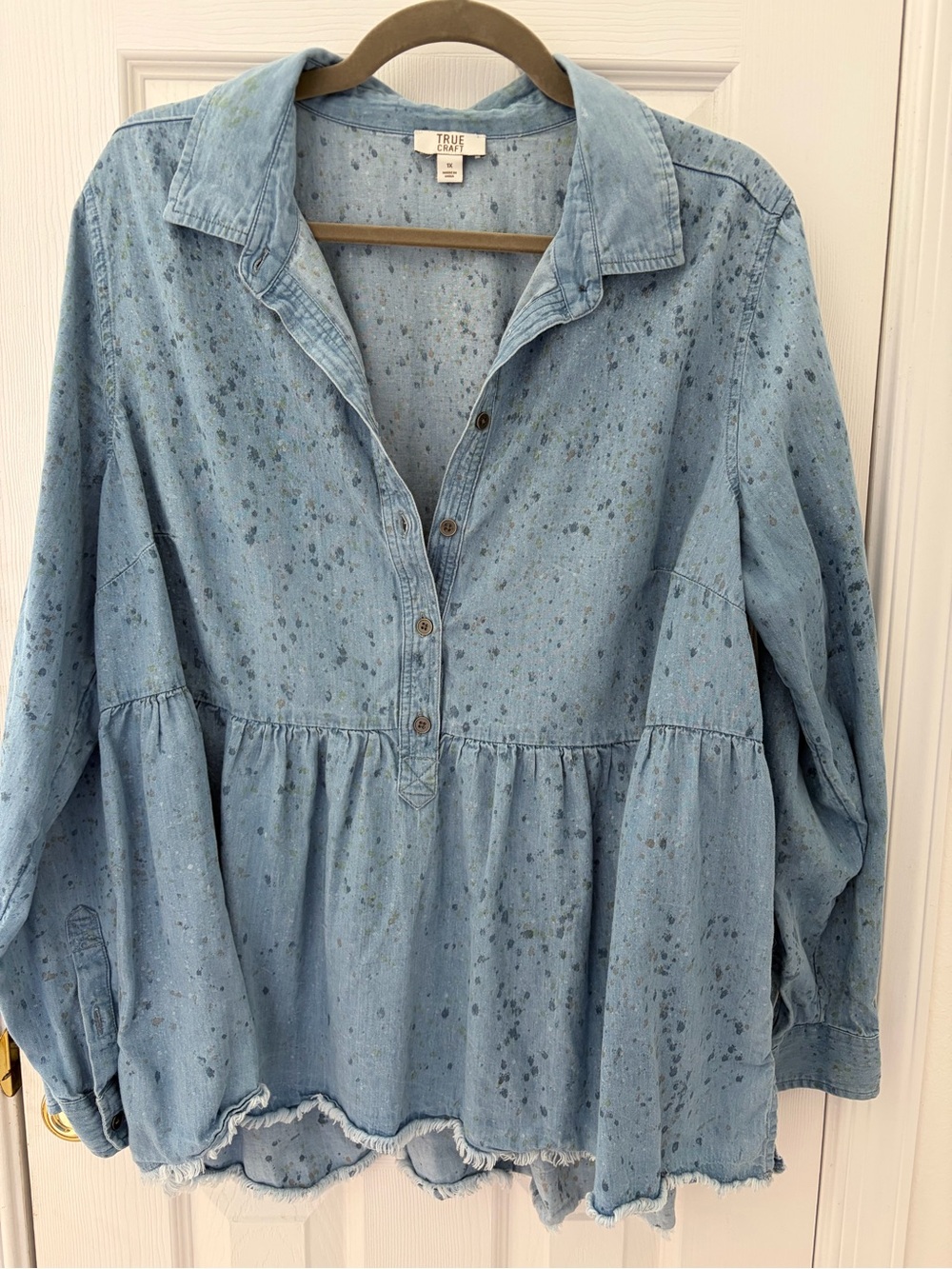 True Craft Light Blue Washed Denim Peplum Button-Front Tunic